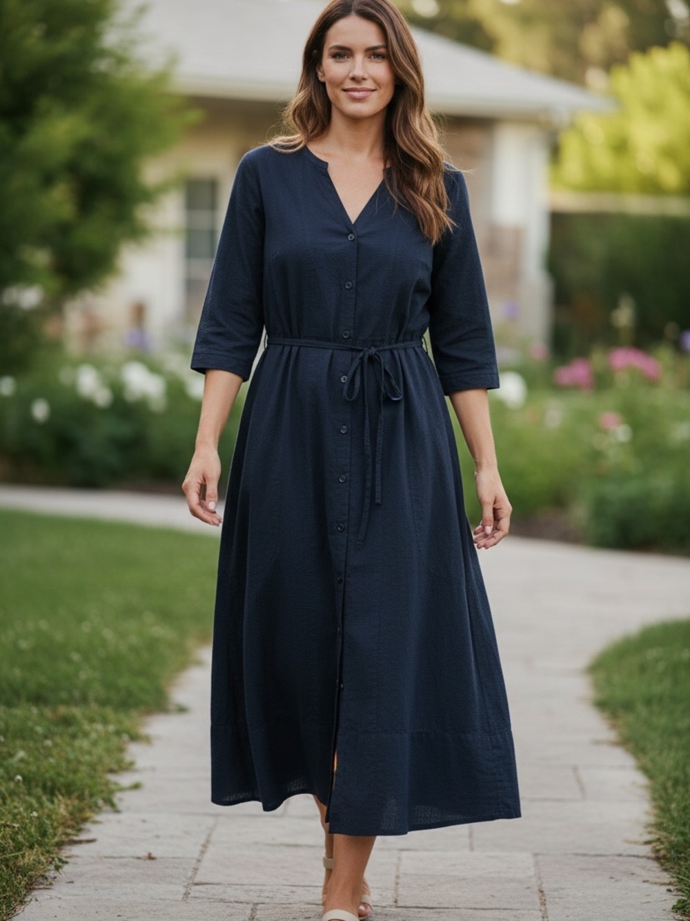 NWT GAP 100% Cotton Navy Button Front Midi Dress Tie Waist XS